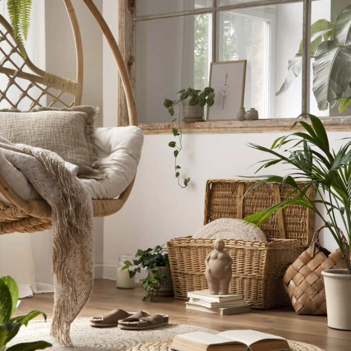 The stylish boho composition with changing swing, pouf , window, commode and wooden bench. Beige carpet with brown slippers. White wall. Template.